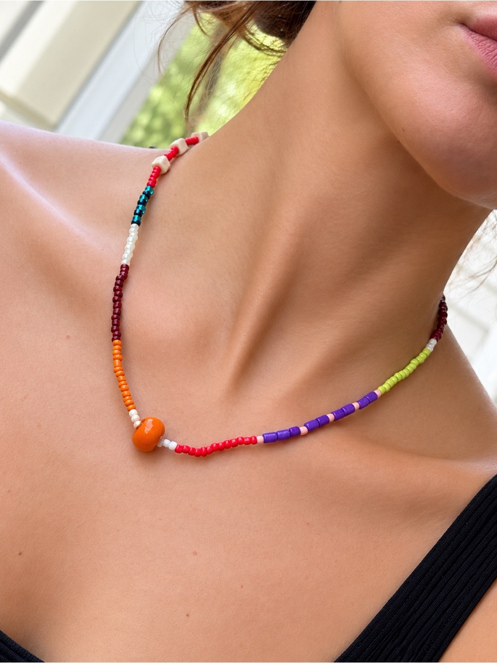 Colorful Multi-Bead Necklace with Orange Accent